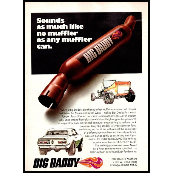 1971 Big Daddy Muffler Vintage Print Ad Muscle Car Hot Rod Man Cave Wall Art - Picture 1 of 1